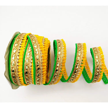 Yellow Tassels Trim, Green and Gold Fringe Trim, Beaded Trim, Sari Trim, Decorative Trim, Fringing Tape Trim By 3 Yards